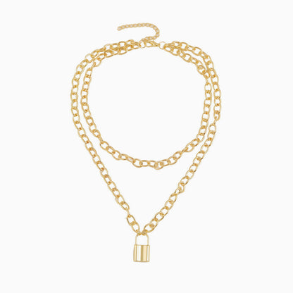 Gold Layered Chain-Link Necklace With Modern Lock Pendant One Size /
