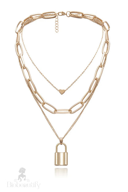 Lock Pendant Necklace With Link Chain Gold