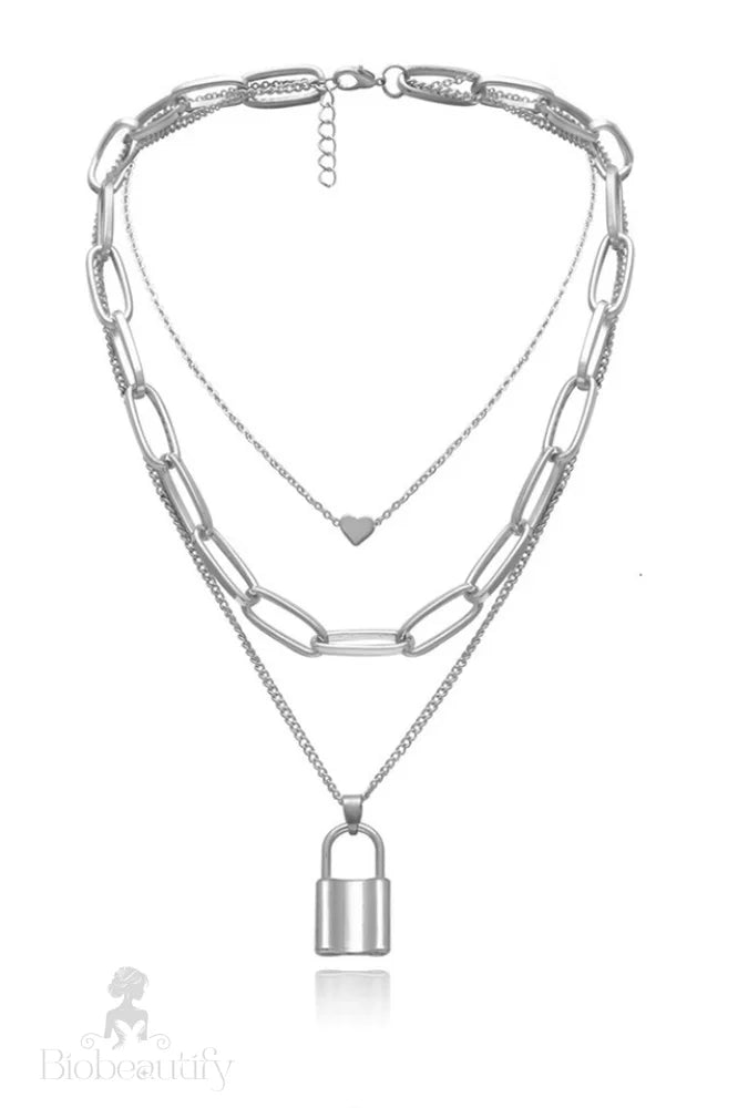 Lock Pendant Necklace With Link Chain Silver