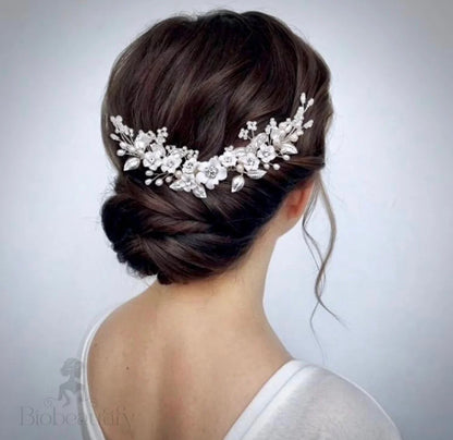 Wedding Hair Accessories - Ceramic Flowers Bridal Headband / Hair Vine - Available in Silver and Gold