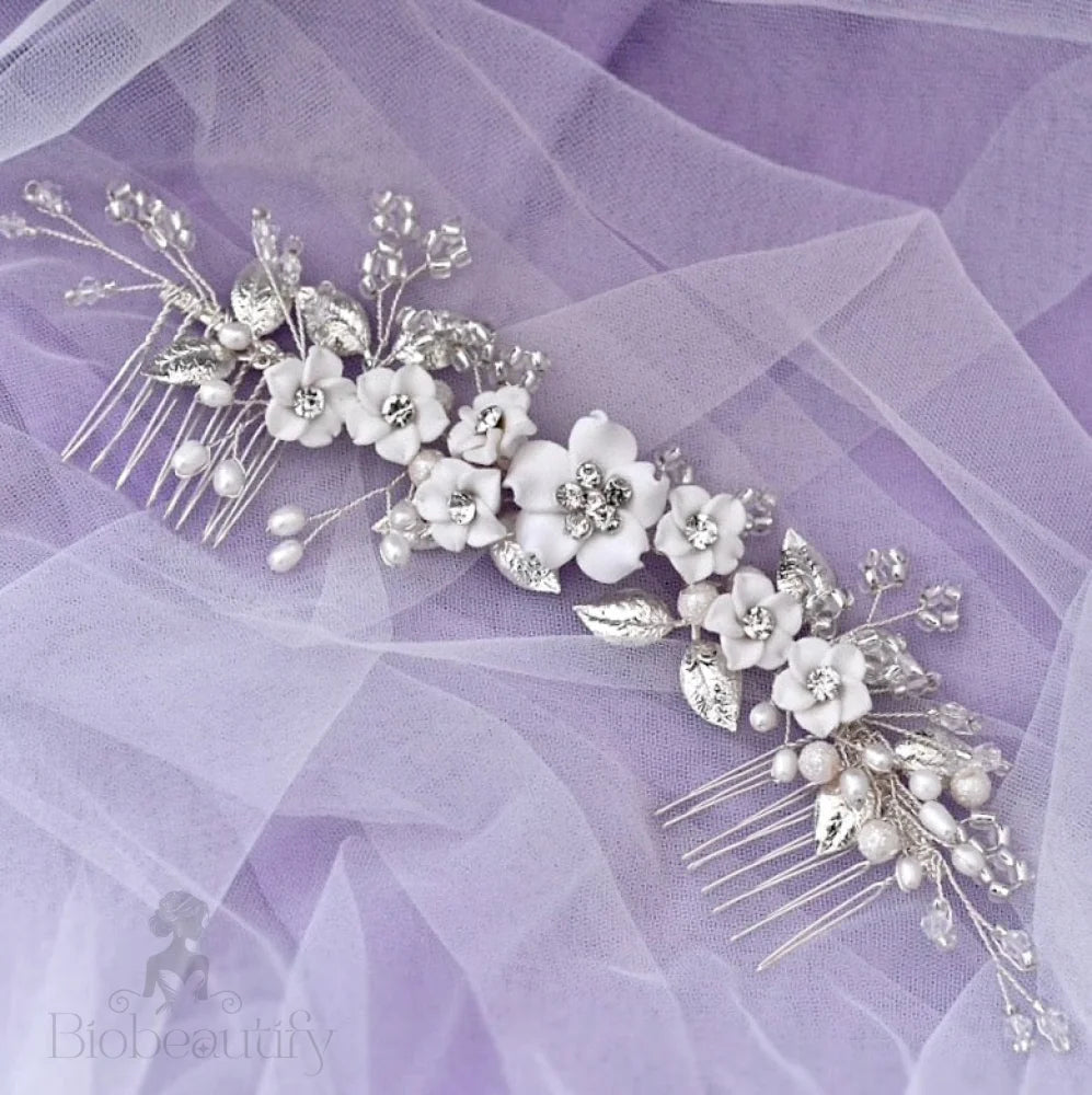 Loire Ceramic Flower Bridal Headband Hair Vine Gold Silver Options