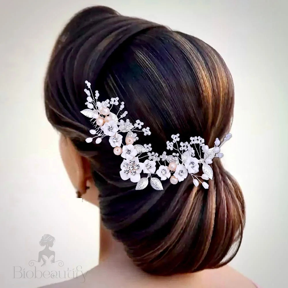 Loire Ceramic Flower Bridal Headband Hair Vine Gold Silver Options