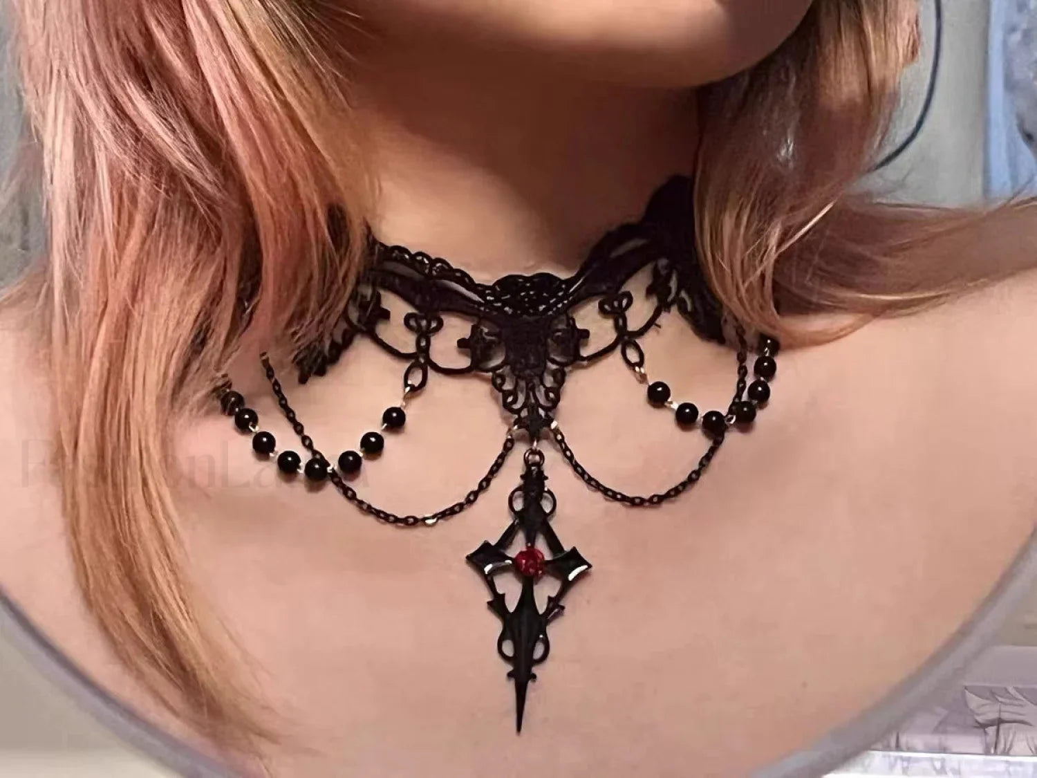 Lolita Gothic Lace Pearl Cross Necklace for Halloween BLACK