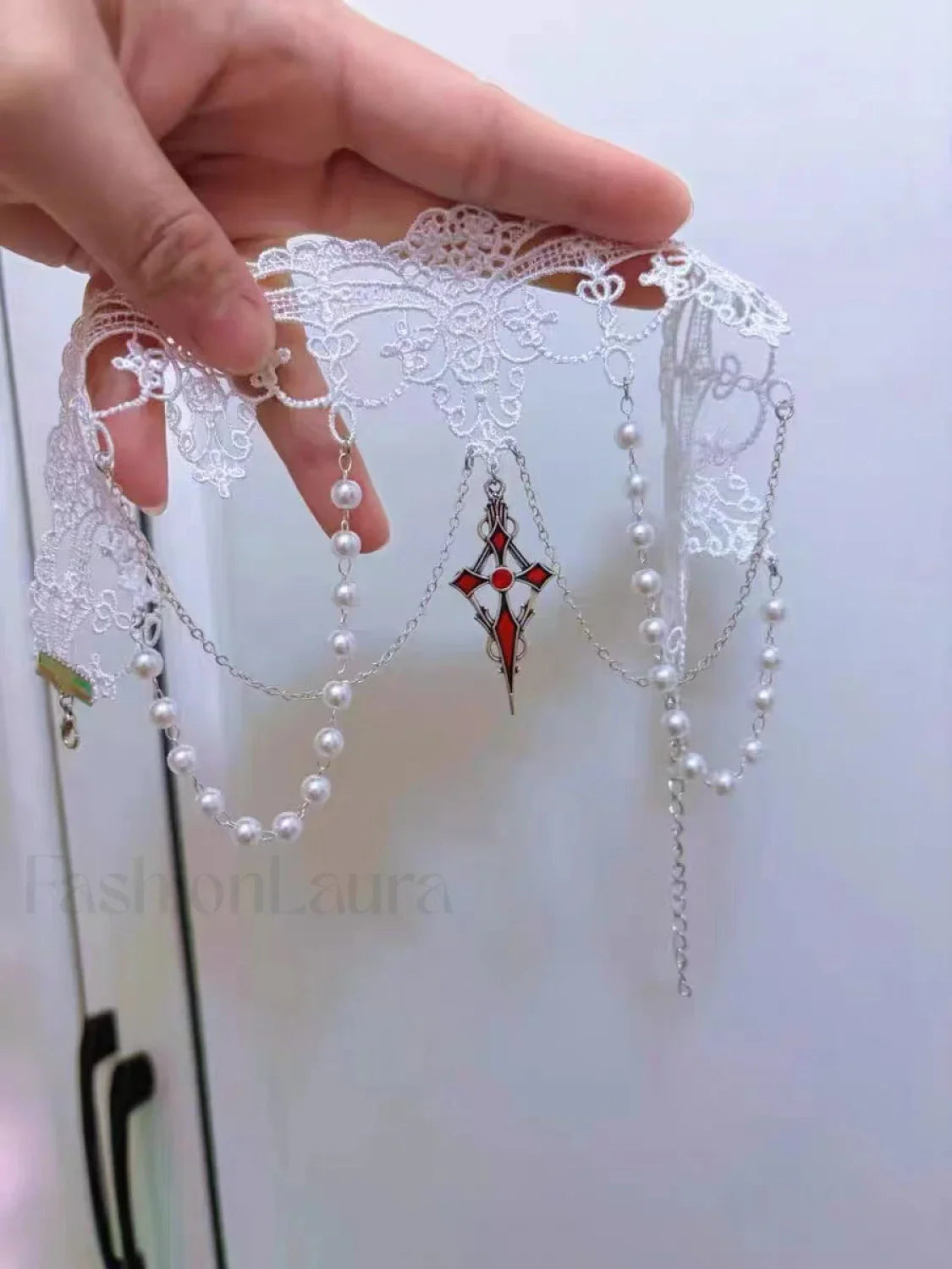 Lolita Gothic Lace Pearl Cross Necklace for Halloween WHITE