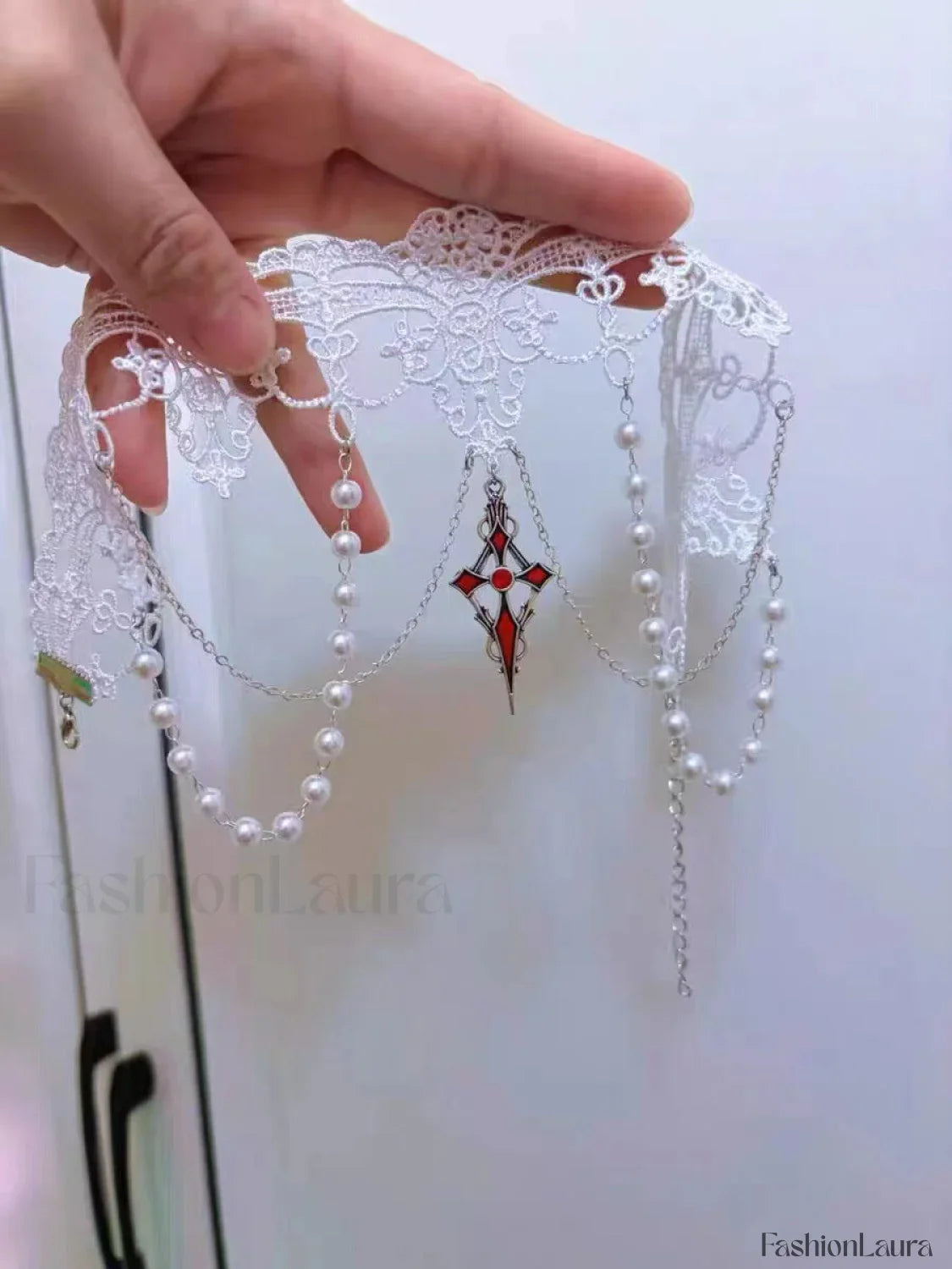 Lolita Gothic Lace Pearl Cross Necklace for Halloween WHITE