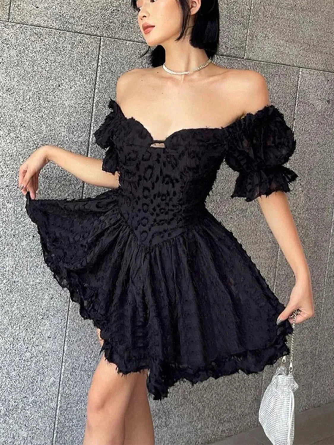 Lolita Summer Vintage High Waist Black Gown Goth Aesthetic Puff Sleeve V neck Corset Mini Dress