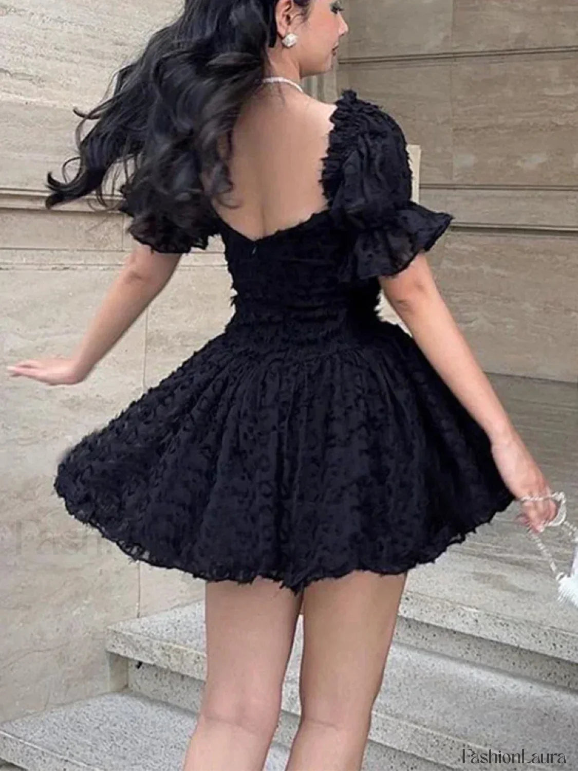 Lolita Summer Vintage High Waist Black Gown Goth Aesthetic Puff Sleeve V neck Corset Mini Dress