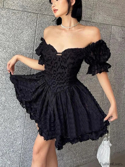 Lolita Summer Vintage High Waist Black Gown Goth Aesthetic Puff Sleeve V neck Corset Mini Dress Black / S