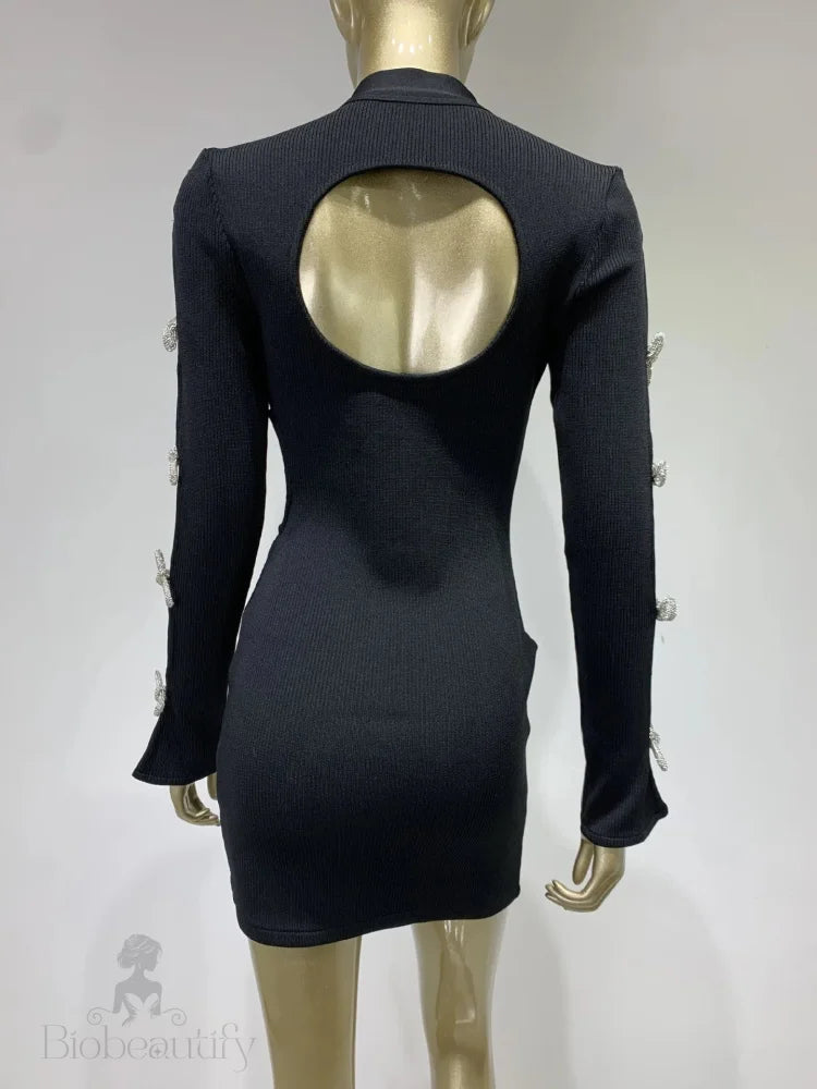 Long Sleeve Bandage Dress With Cut Out Rhinestone Bows