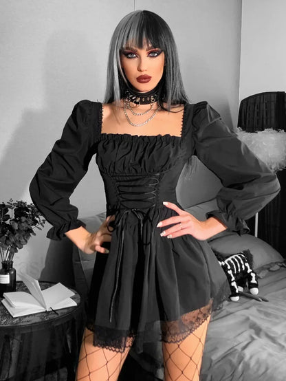 Long Sleeve Lolita Black Sleeve High Waist Vintage Bandage Lace Trim Party Dress Black / S