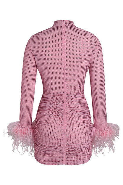 Long Sleeve Stylish Embellished Ruched Dress