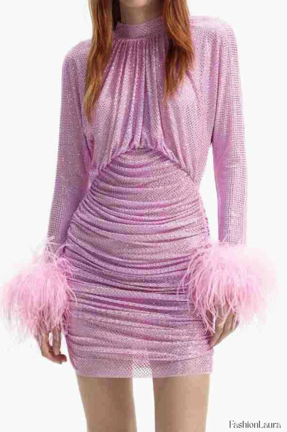 Long Sleeve Stylish Embellished Ruched Dress