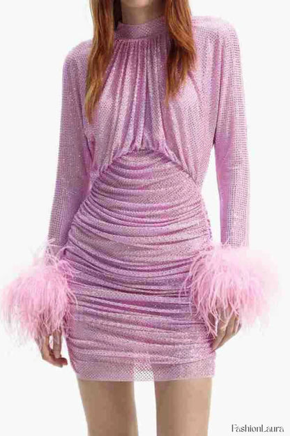 Long Sleeve Stylish Embellished Ruched Dress