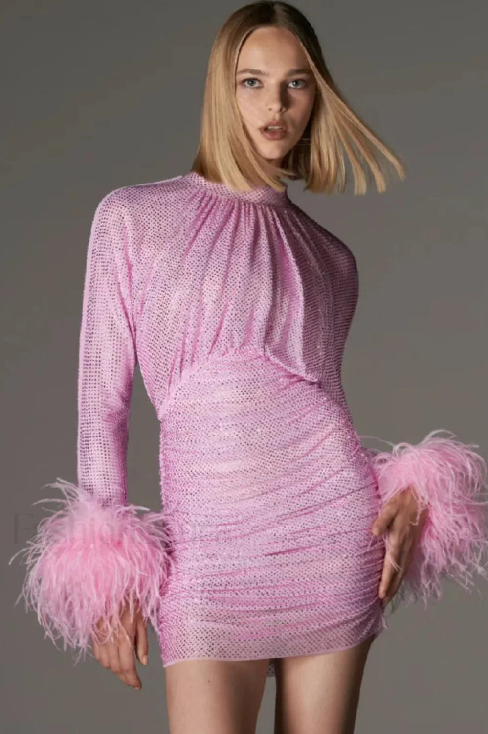 Long Sleeve Stylish Embellished Ruched Dress