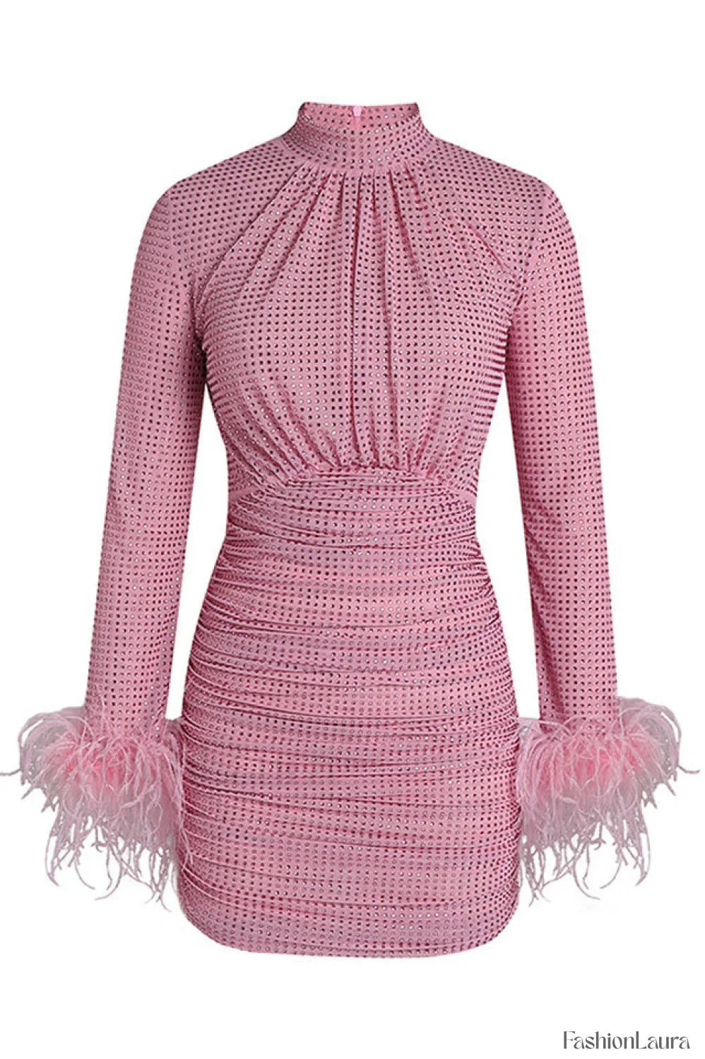 Long Sleeve Stylish Embellished Ruched Dress S / Pink