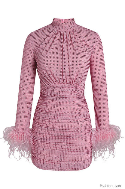 Long Sleeve Stylish Embellished Ruched Dress S / Pink