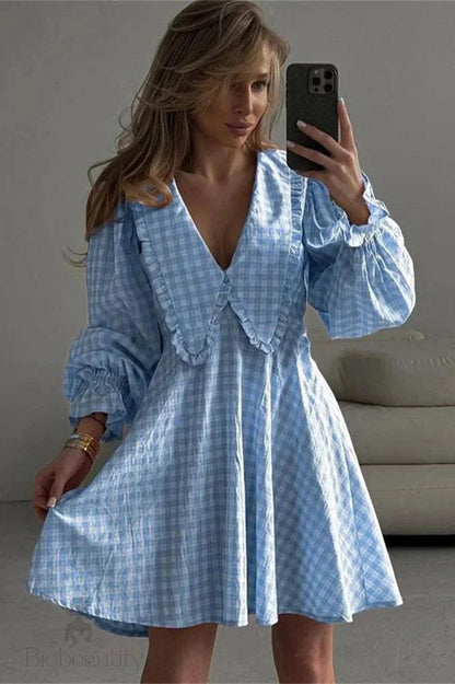 Long Sleeves V-Neck Patchwork Mini Dress