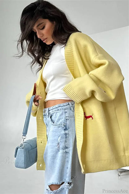Loose Dachshund Embroidery Knit Button Cardigan