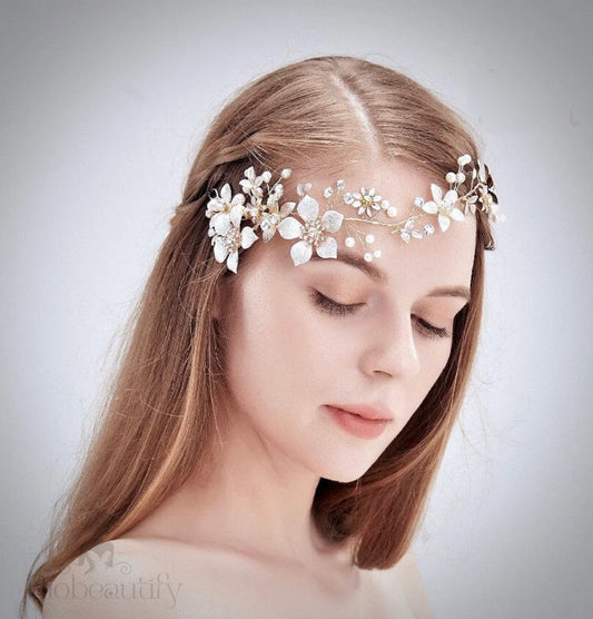 Loreanna Gold Pearl Crystal Wedding Headband