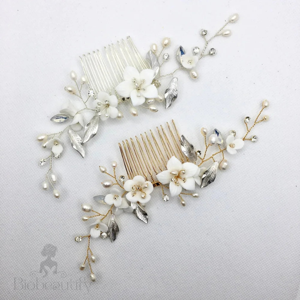 Loren Ceramic Flowers Hair Comb For Brides - Gold And Silver Options Available