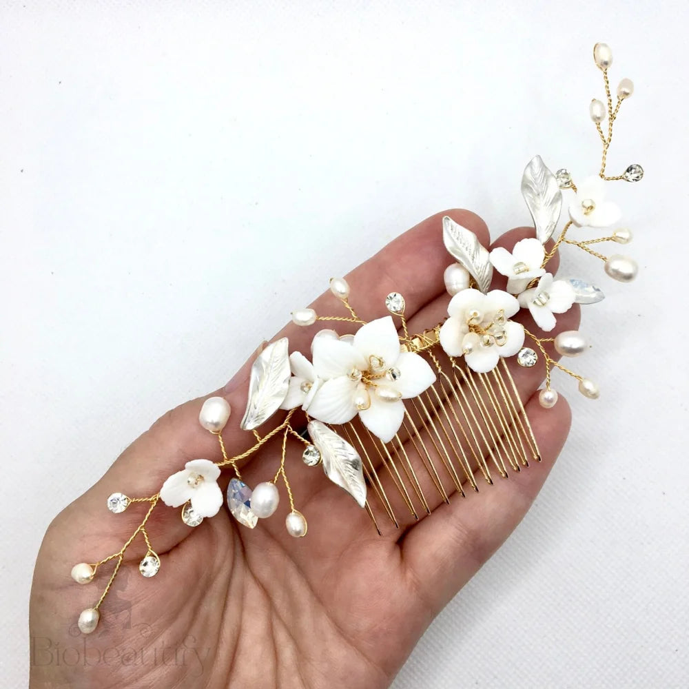 Loren Ceramic Flowers Hair Comb For Brides - Gold And Silver Options Available