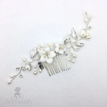 Loren Ceramic Flowers Hair Comb For Brides - Gold And Silver Options Available