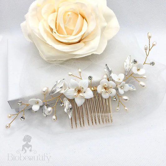 Wedding Hair Accessories - Ceramic Flowers Bridal Hair Comb - Available in Silver and Gold