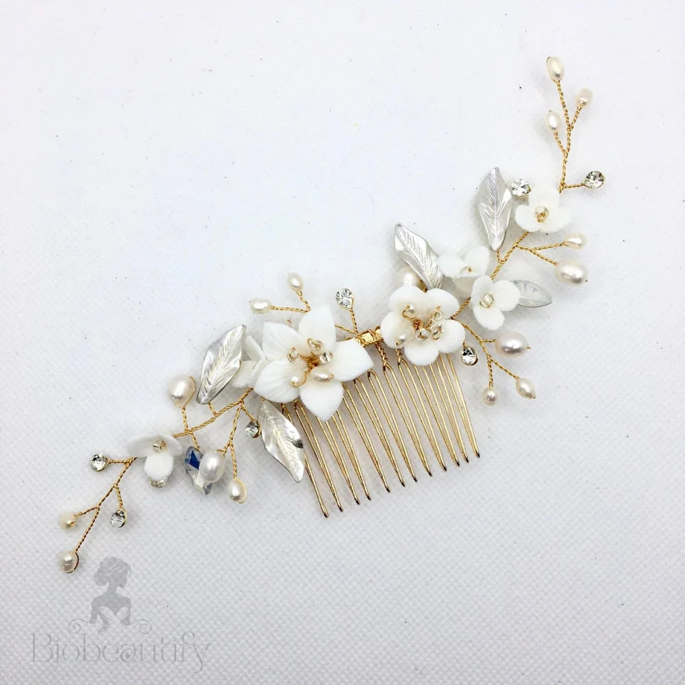 Loren Ceramic Flowers Hair Comb For Brides - Gold And Silver Options Available