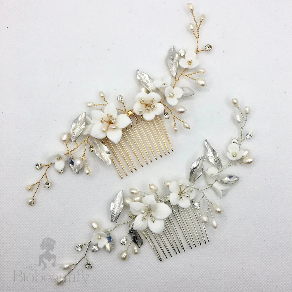 Loren Ceramic Flowers Hair Comb For Brides - Gold And Silver Options Available