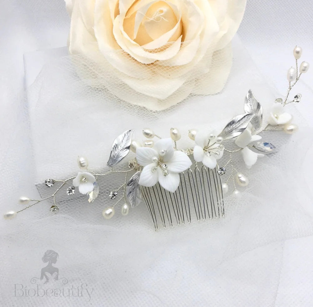 Wedding Hair Accessories - Ceramic Flowers Bridal Hair Comb - Available in Silver and Gold