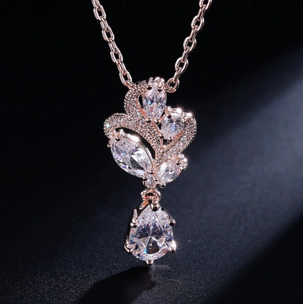 Lotus Cubic Zirconia Bridal Necklace And Earrings Set Silver Rose Gold Options