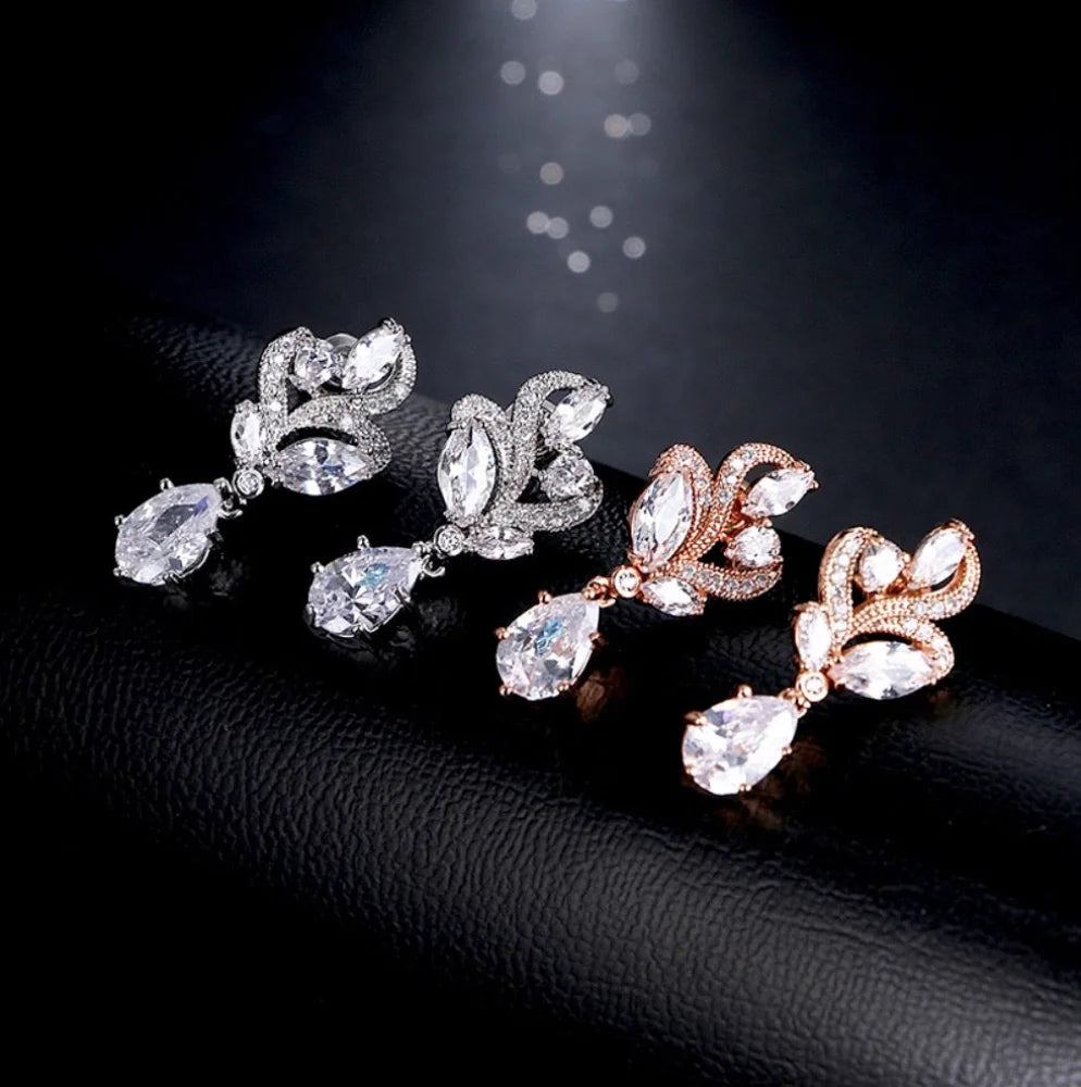 Lotus Cubic Zirconia Bridal Necklace And Earrings Set Silver Rose Gold Options