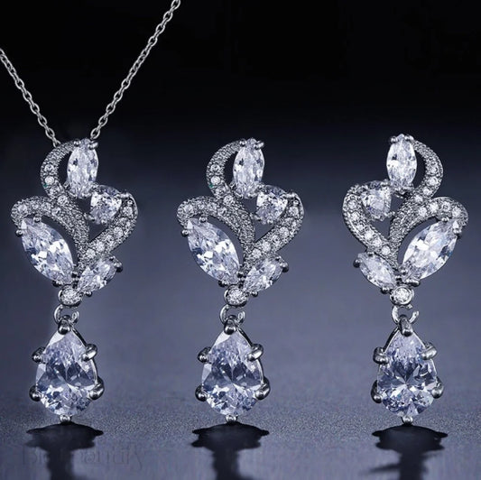 Lotus - Cubic Zirconia Bridal Necklace and Earrings Set - Available in Silver and Rose Gold