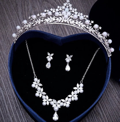 Wedding Jewelry and Accessories - Silver Cubic Zirconia and Pearl 3-Piece Bridal Jewelry Set with Tiara