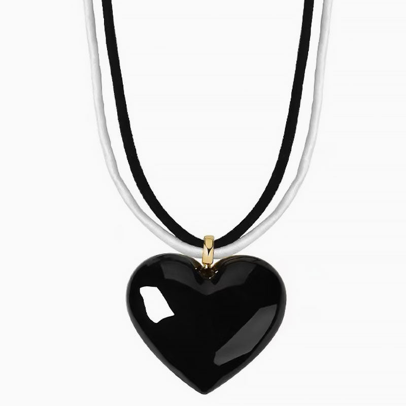 Heart Pendant Necklace With Two Tone Enameled Design And Wrapped Cord Black / One Size