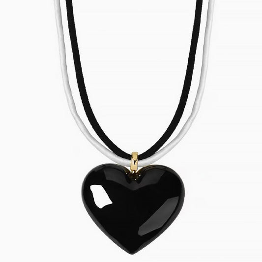 Heart Pendant Necklace With Two Tone Enameled Design And Wrapped Cord Black / One Size