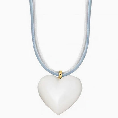 Heart Pendant Necklace With Two Tone Enameled Design And Wrapped Cord White / One Size