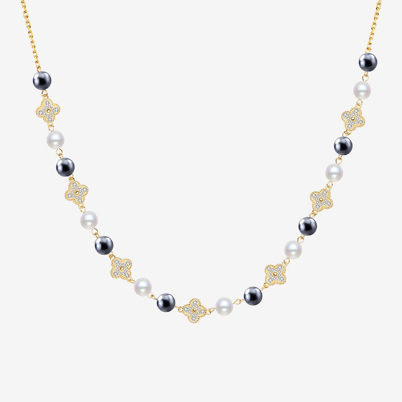 Cubic Zirconia Clover Pearl Cable Chain Bolo Slider Necklace Gold / One Size