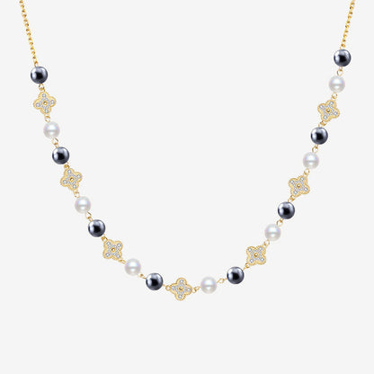 Cubic Zirconia Clover Pearl Cable Chain Bolo Slider Necklace Gold / One Size