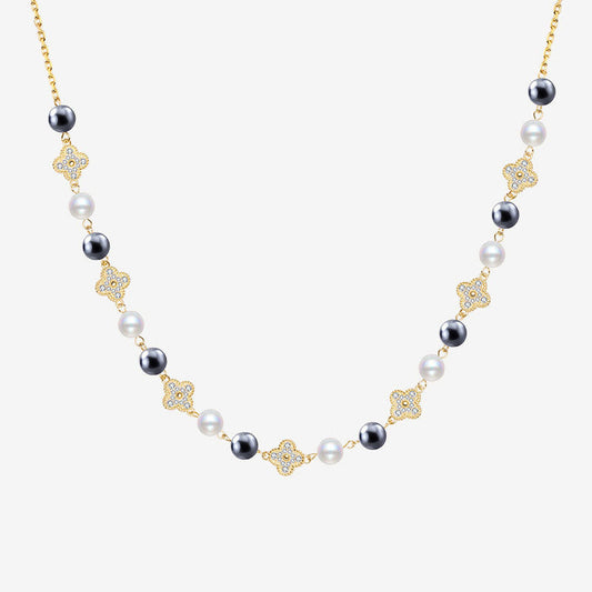 Cubic Zirconia Clover Pearl Cable Chain Bolo Slider Necklace Gold / One Size