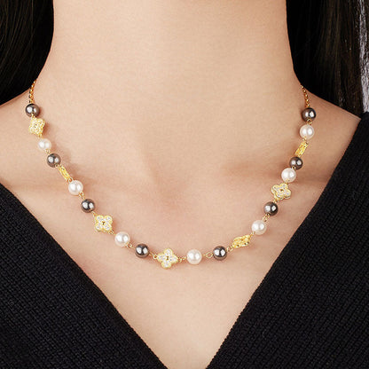 Cubic Zirconia Clover Pearl Cable Chain Bolo Slider Necklace