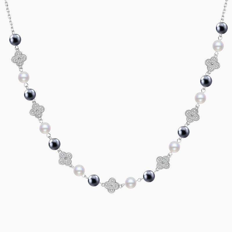 Cubic Zirconia Clover Pearl Cable Chain Bolo Slider Necklace Silver / One Size