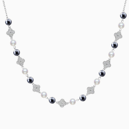 Cubic Zirconia Clover Pearl Cable Chain Bolo Slider Necklace Silver / One Size