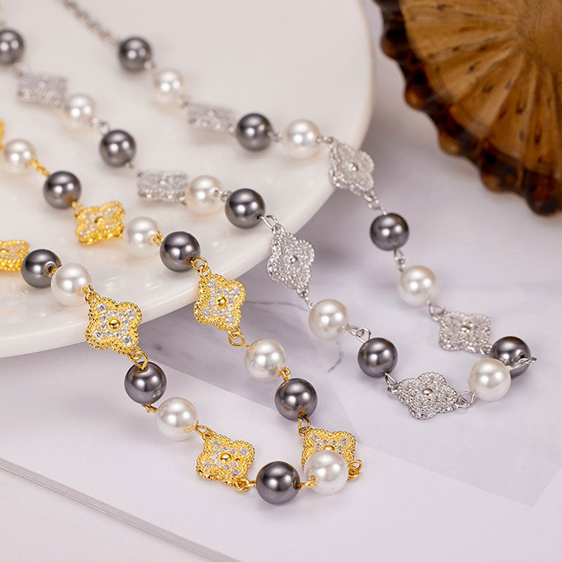 Cubic Zirconia Clover Pearl Cable Chain Bolo Slider Necklace