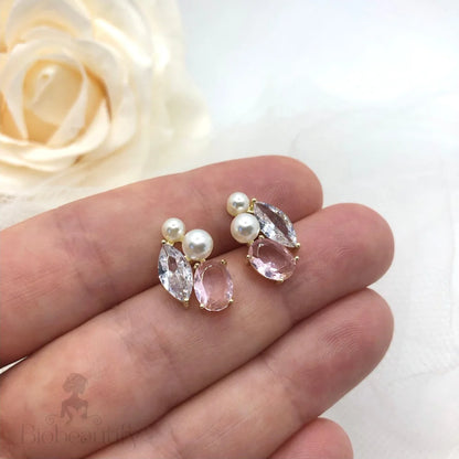 Lumi Pearl And Pink Cz Wedding Stud Earrings