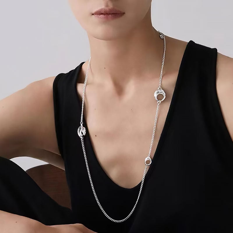 Sterling Silver Plated Open Hoop Opera Necklace With Curb Chain