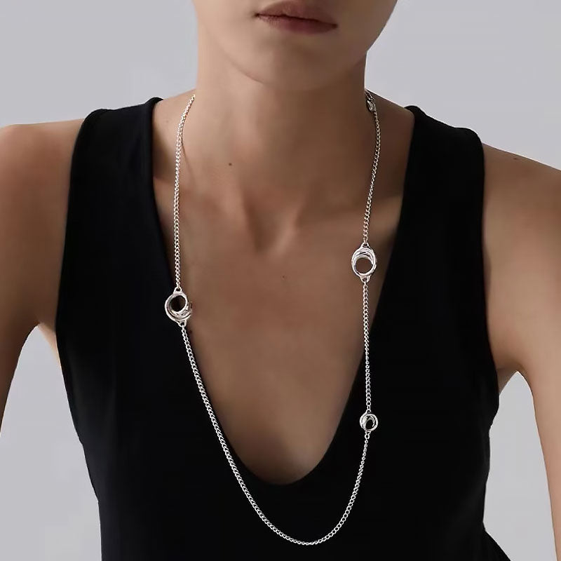 Sterling Silver Plated Open Hoop Opera Necklace With Curb Chain