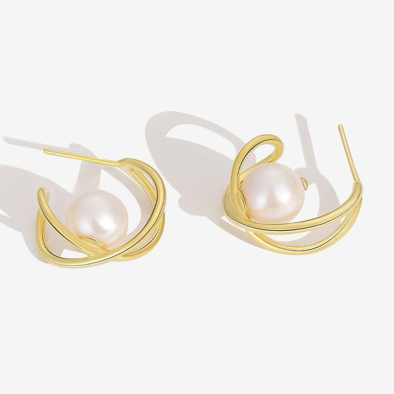 Two Tone 18K Gold Plated Baroque Pearl Hoop Earrings / One Size