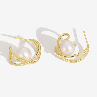 Two Tone 18K Gold Plated Baroque Pearl Hoop Earrings / One Size