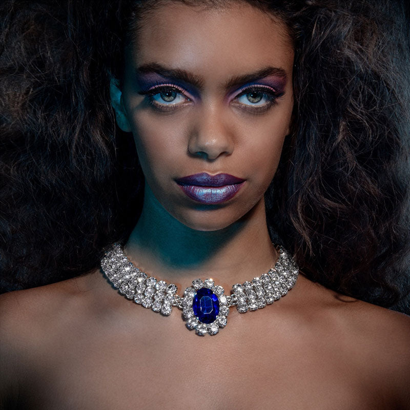 Faux Sapphire Crystal Collar Necklace - Silver One Size /